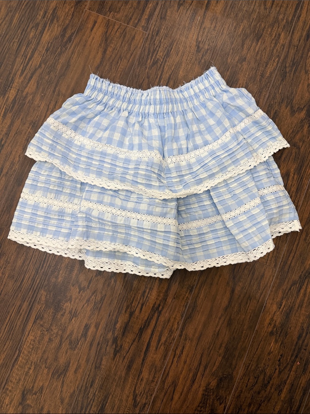 Blue Gingham Tiered Mini Skirt with Lace Trim